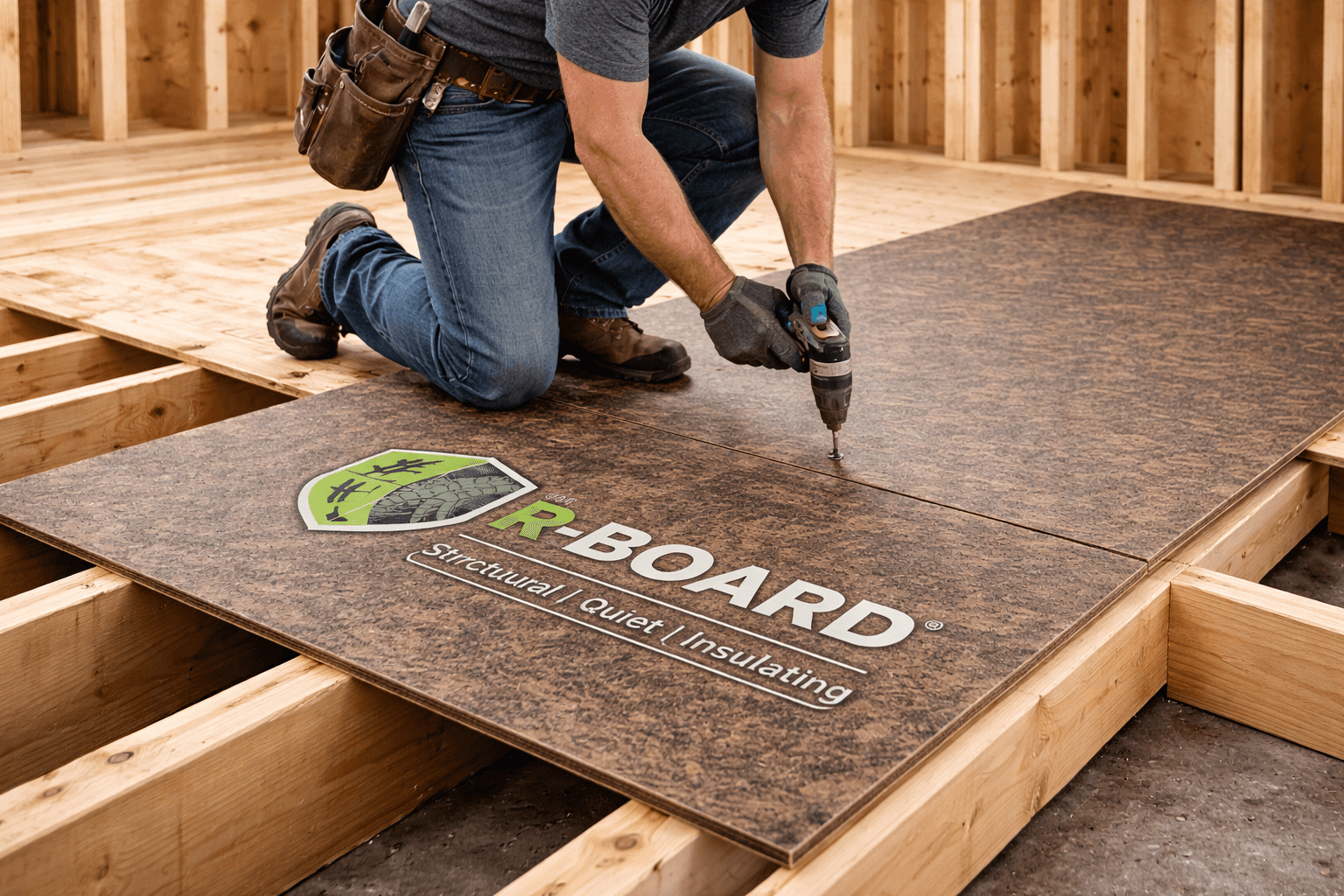 Engineer drilling fasteners into R-Board